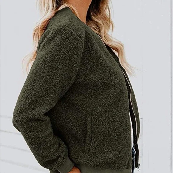 Women’s Sherpa Fleece Bomber Jacket Olive Green Size Large - Picture 2 of 10